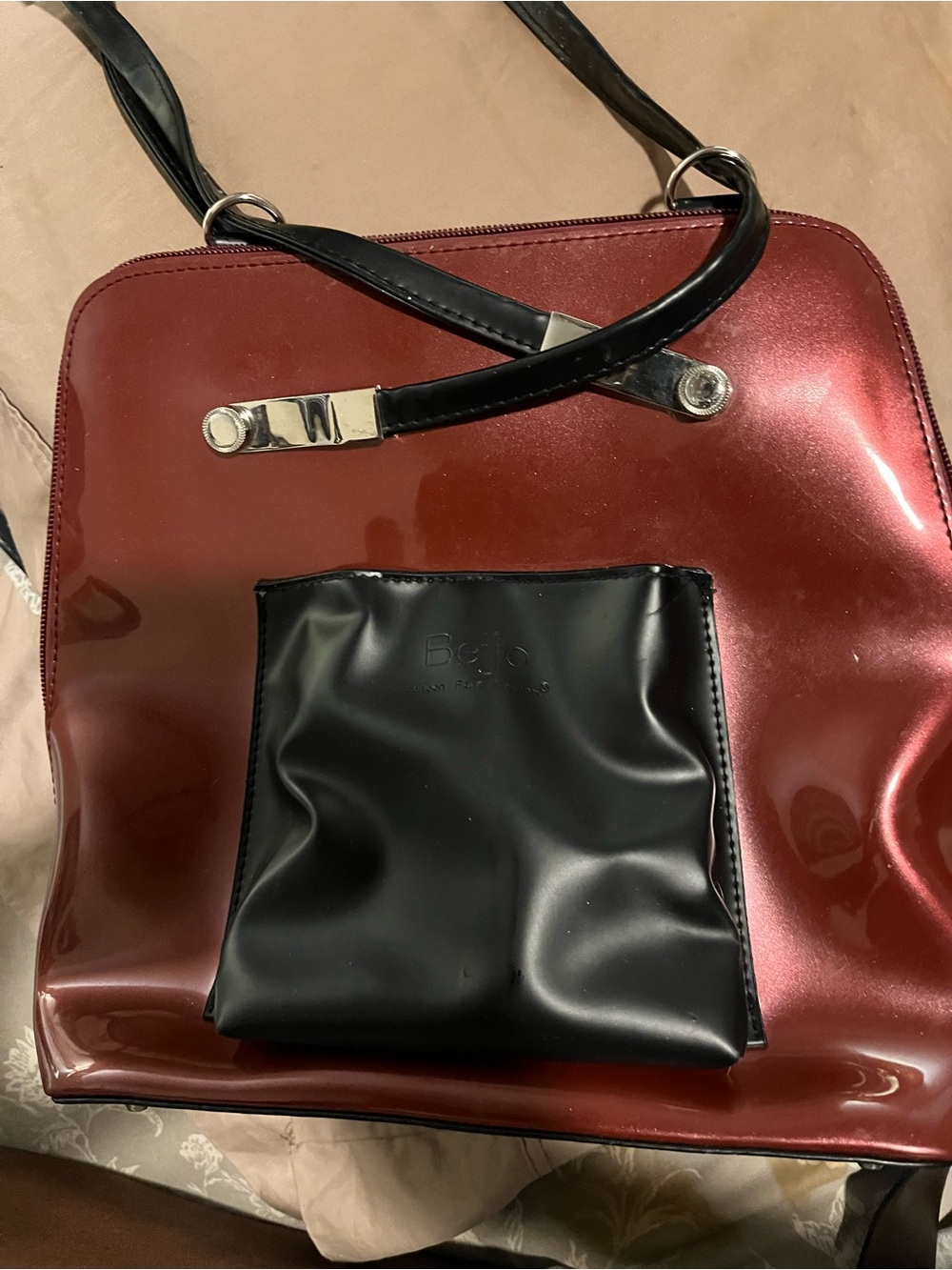 Beijo Burgundy Patent Tote with Black Accent Pocket